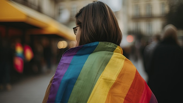 Uma mulher vestindo um xale com a bandeira do arco-íris caminha em uma rua