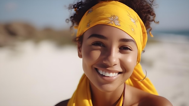 Uma mulher vestindo uma bandana amarela e um lenço amarelo sorri para a câmera.