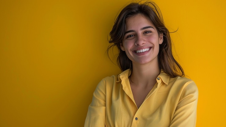 Foto uma mulher vestindo uma camisa amarela que diz " ela está sorrindo "