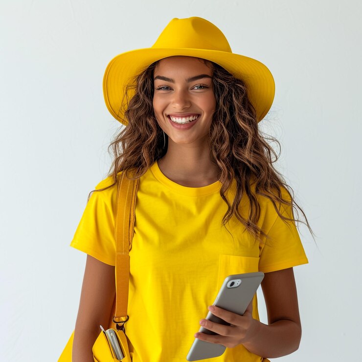 Foto uma mulher vestindo uma camisa amarela que diz "ela está vestindo uma camisa amarela"