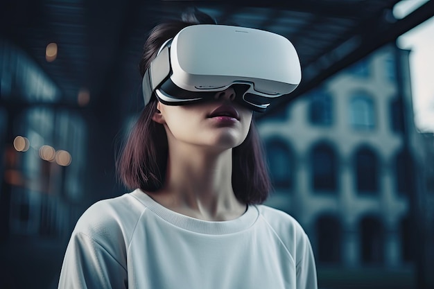 Uma mulher vestindo uma camisa branca e um fone de ouvido de realidade virtual com aro preto fica em um ambiente escuro ao ar livre