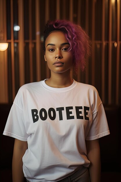 Uma mulher vestindo uma camisa branca que diz botas sobre ele