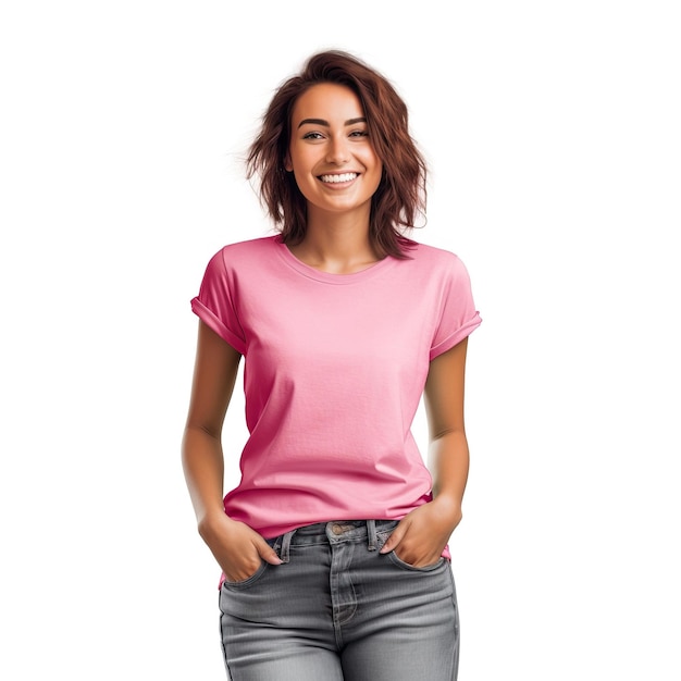 Uma mulher vestindo uma camisa rosa que diz "sou uma menina"