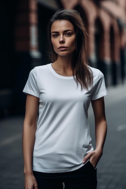 Uma mulher vestindo uma camiseta branca fica na rua