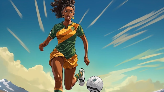 Uma mulher vestindo uma camisola amarela e verde e correndo com uma bola de pé