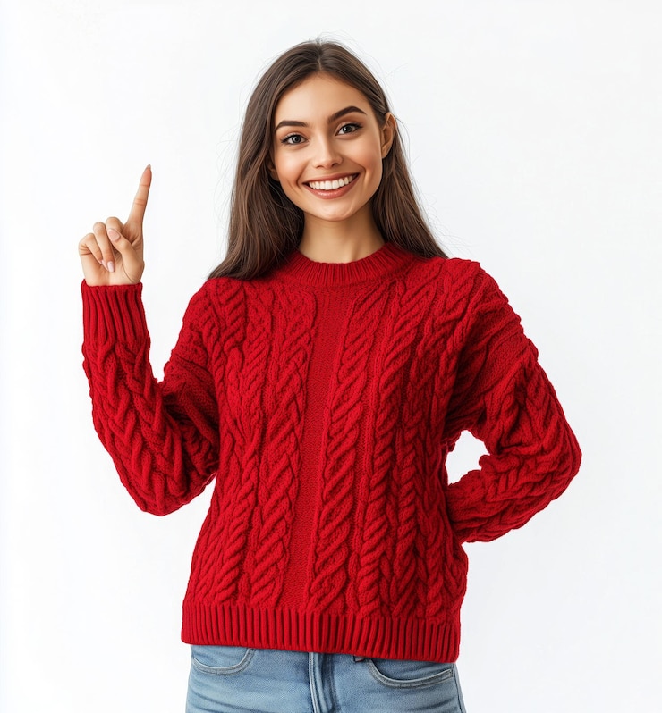 Foto uma mulher vestindo uma camisola vermelha que diz " ela está apontando para cima "