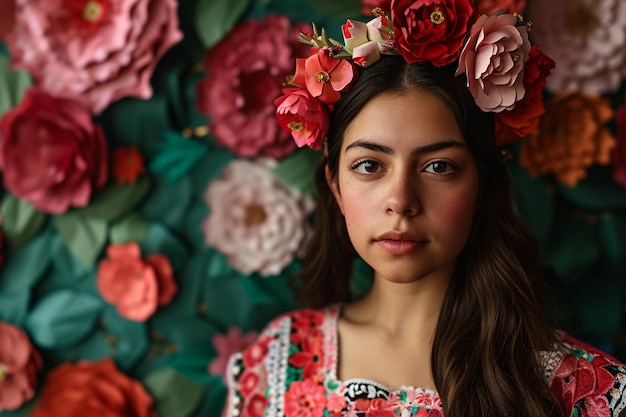 Uma mulher vestindo uma coroa floral e um vestido colorido