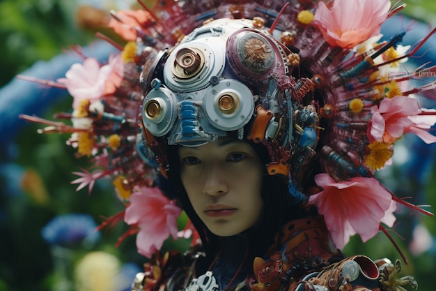 uma mulher vestindo uma fantasia com flores e um chapéu com a palavra “não”.