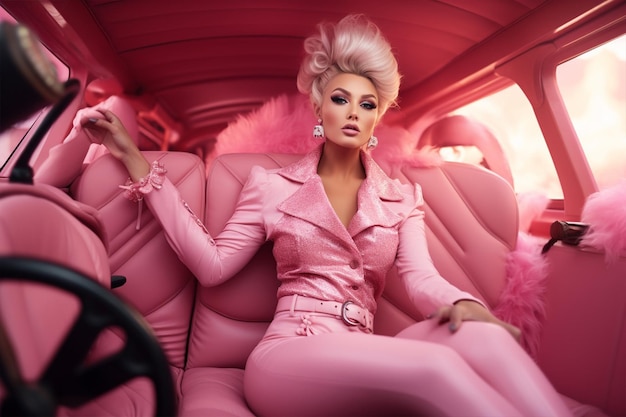 Uma mulher vestindo uma fantasia de Barbie no carro