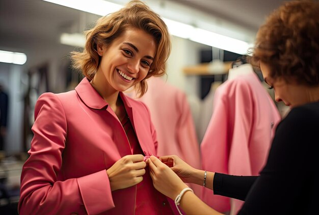 Foto uma mulher vestindo uma jaqueta rosa corrigindo o no estilo de mulheres designers