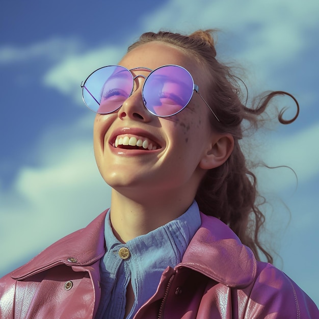 uma mulher vestindo uma jaqueta rosa e sorrindo para a câmera