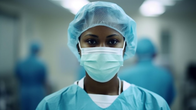 Uma mulher vestindo uma máscara e uma máscara está em um quarto de hospital.