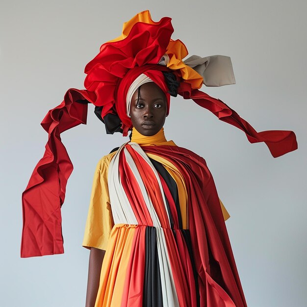 Foto uma mulher vestindo uma roupa vermelha e amarela com um chapéu vermelho