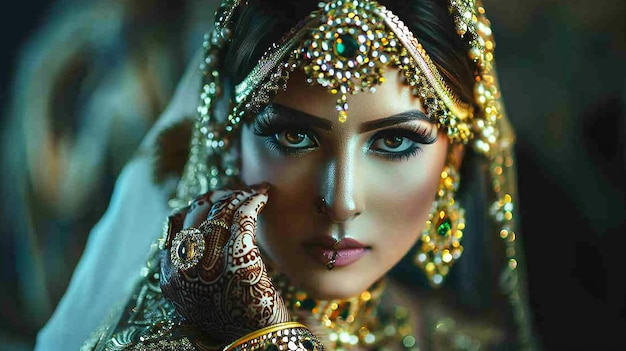 uma mulher vestindo uma roupa vermelha e dourada com um colar vermelho e dourado