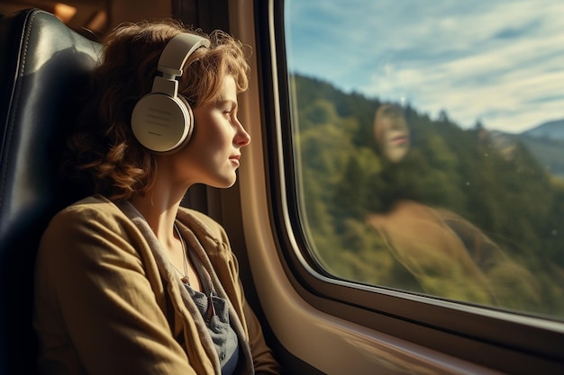 Uma mulher viaja em um trem com janelas espaçosas com vista para IA