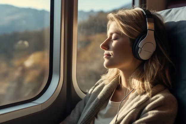 Uma mulher viaja em um trem com janelas espaçosas com vista para IA