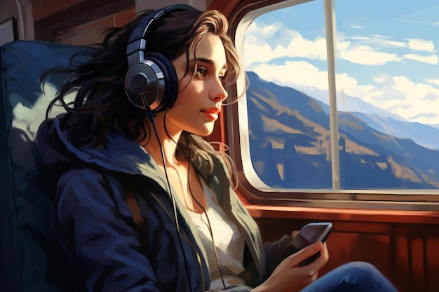 Uma mulher viaja em um trem com janelas espaçosas com vista para IA