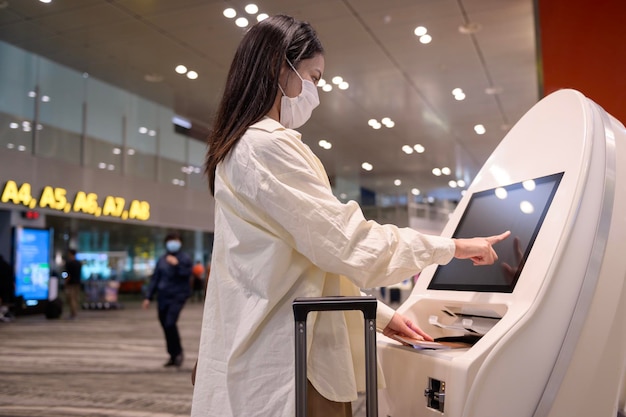 Uma mulher viajante está usando máscara protetora no aeroporto internacional