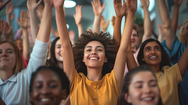 Foto uma multidão alegre de jovens diversos levantando as mãos e aplaudindo