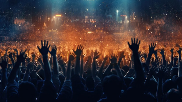 Uma multidão animada de concertos com as mãos levantadas em emoção durante um concerto ao vivo