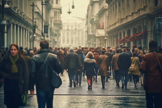 Uma multidão anônima de pessoas a caminhar pela rua da cidade.