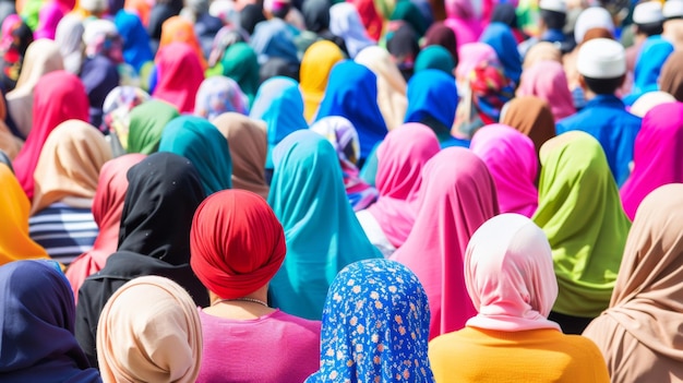 uma multidão de mulheres muçulmanas usando lenços de cabeça coloridos