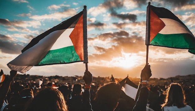 Uma multidão de palestinos segurando bandeiras da Palestina celebra a liberdade gerada por Ai
