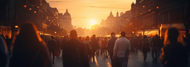 Uma multidão de pessoas a caminhar pela cidade ao pôr-do-sol.