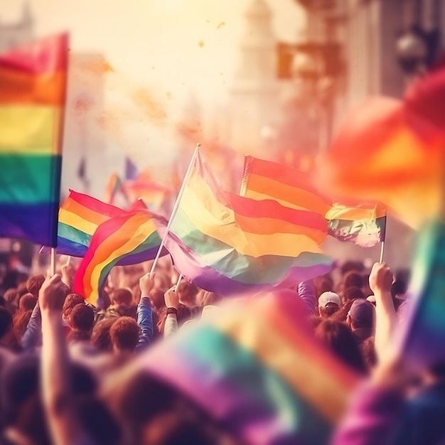 Uma multidão de pessoas com bandeiras de arco-íris no ar