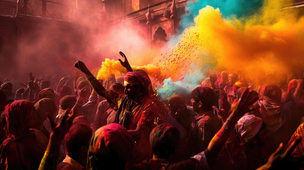 uma multidão de pessoas com pó colorido no rosto está comemorando o festival.