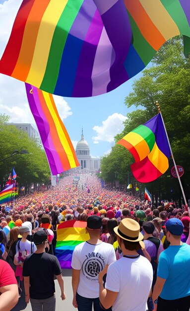 Uma multidão de pessoas com uma bandeira arco-íris ao fundo