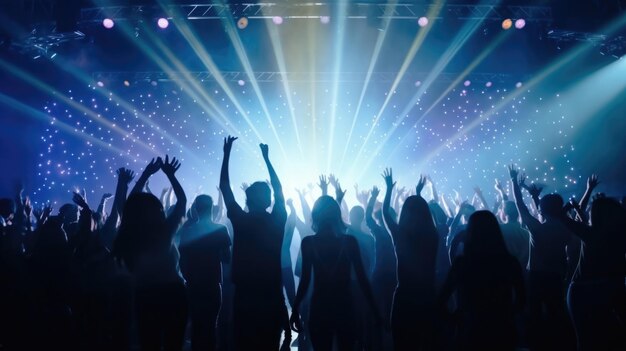 Uma multidão de pessoas em silhueta levanta as mãos na pista de dança em fundo de luz de néon vida noturna clube de música dança movimento juventude cores roxas roxas e meninas e meninos em movimento