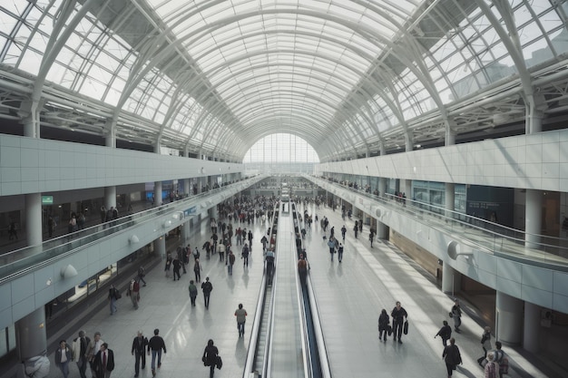 Uma multidão de pessoas em um aeroporto moderno pode ser um ambiente movimentado e cheio de energia, cheio de diversos indivíduos de todo o mundo Generative AI