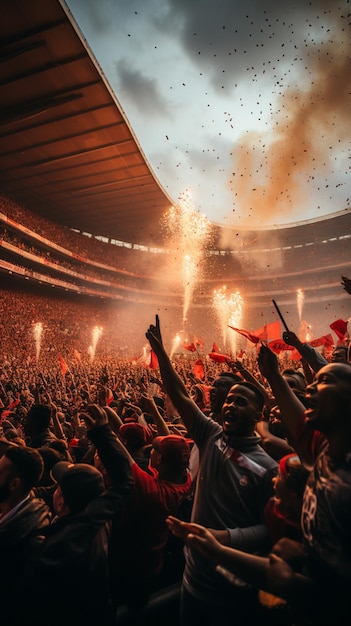 uma multidão de pessoas em um concerto com fogos de artifício no fundo