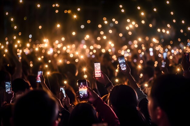 Uma multidão de pessoas em um concerto ou festa de evento ao vivo segurando as mãos e smartphones generative ai