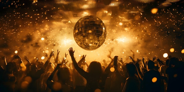 Uma multidão de pessoas em um evento de música dançando em luzes de cor dourada