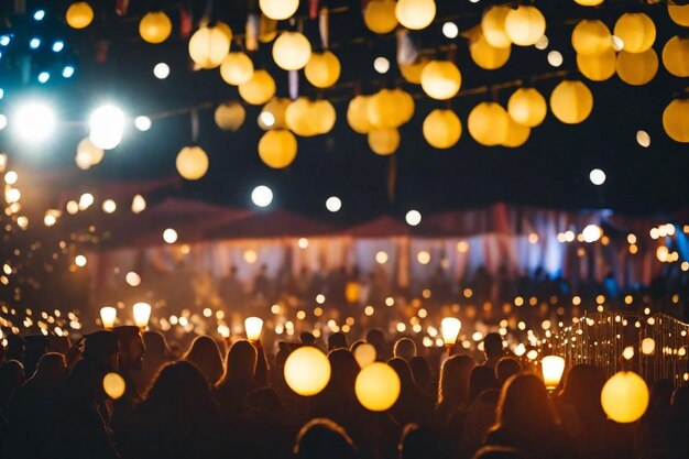Foto uma multidão de pessoas em um festival de música com lanternas no fundo