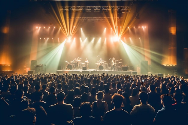 Uma multidão de pessoas em um show com uma banda tocando no palco