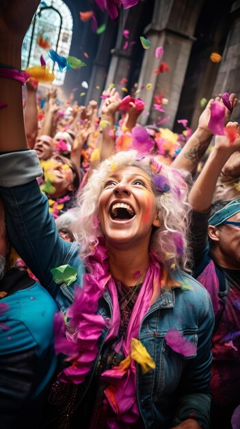 Uma multidão de pessoas em uma celebração colorida jogando confetes coloridos no ar