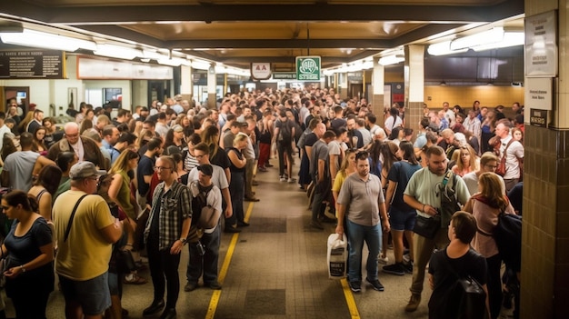 Uma multidão de pessoas está alinhada em uma estação de metrô.