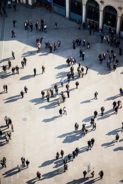 Foto uma multidão de pessoas está andando em torno de um edifício com uma grande sombra no chão