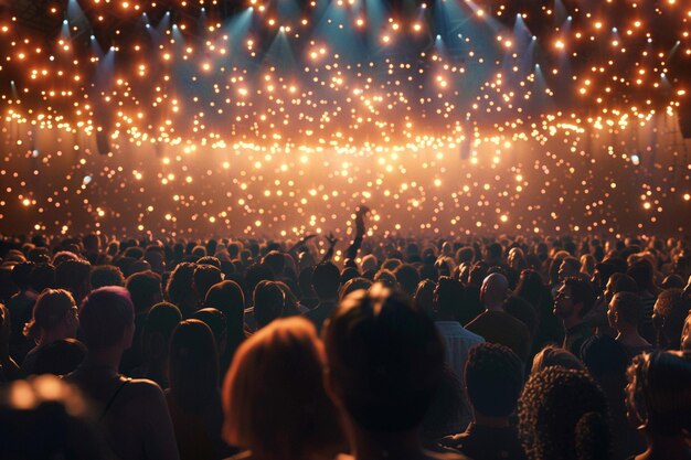Foto uma multidão de pessoas está assistindo a um concerto com luzes no teto
