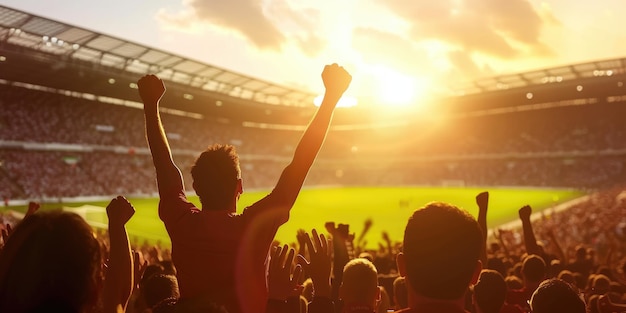 Uma multidão de pessoas está de pé em um estádio com os braços no ar