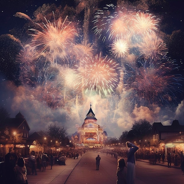 Uma multidão de pessoas está reunida em frente a um prédio com fogos de artifício no céu.