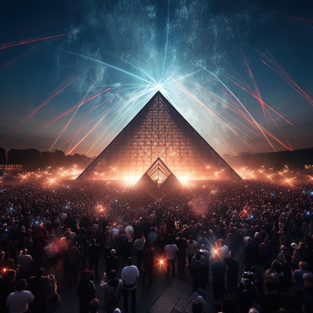 Uma multidão de pessoas está reunida em torno de uma pirâmide com fogos de artifício ao fundo