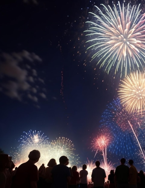 Uma multidão de pessoas se reuniu em torno de um monumento iluminado pelos fogos de artifício da American Independiente