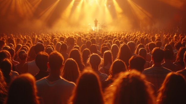 Uma multidão de um festival de música de verão assiste a um concerto