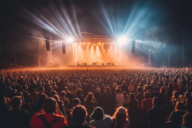 Uma multidão em um show com um palco iluminado com luzes