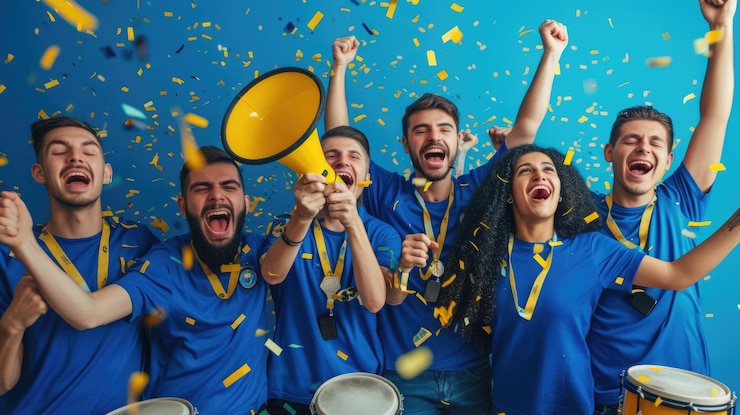 Foto uma multidão feliz no estádio comemorando com troféus, confetes e música aig41