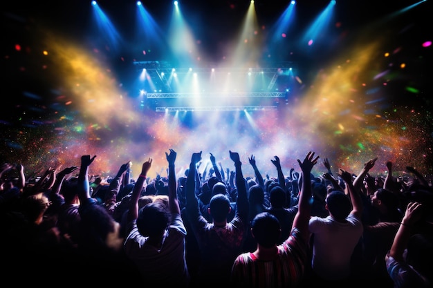 uma multidão vibrante de concertos iluminada por luzes coloridas do palco e cercada por confetes caindo